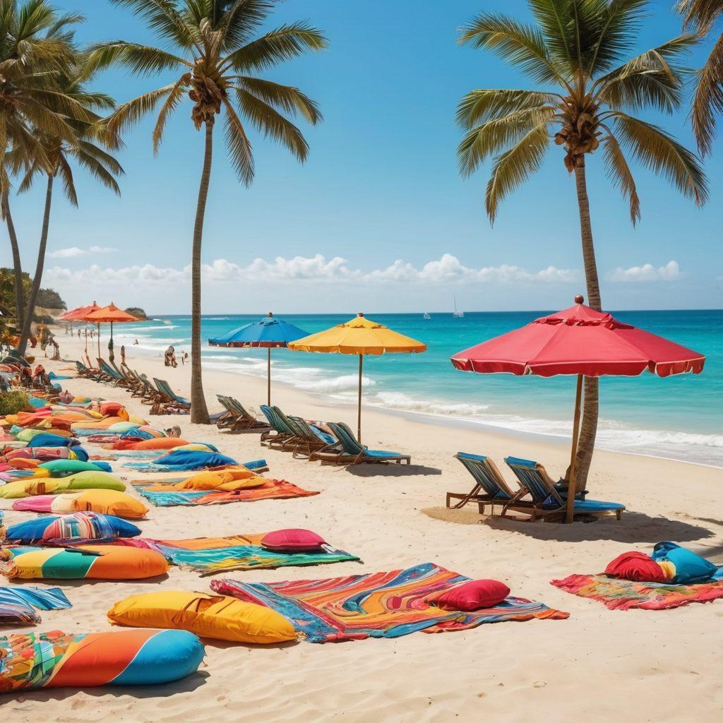 A vibrant beach scene featuring a diverse group of people enjoying the sun, wearing colorful beachwear and stylish accessories like sunglasses, floppy hats, and beach bags. Include a sparkling ocean in the background, beach umbrellas, and palm trees swaying gently. Add playful elements like beach balls or surfboards to enhance the fun summer vibe. super-realistic. vibrant colors. sunny atmosphere.