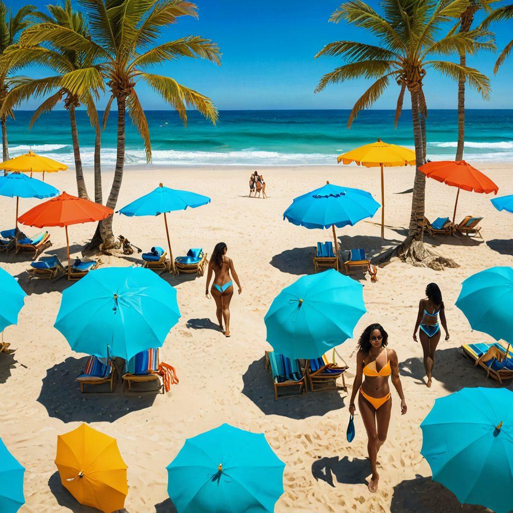 A sun-soaked beach scene featuring a diverse array of stylish bikinis and beachwear, with models of various body types confidently showcasing the latest trends. Vibrant beach umbrellas and palm trees sway in the background, while clear turquoise waves gently lap at the shore, evoking a carefree summer vibe. The composition should radiate warmth and joy, inviting viewers to immerse themselves in the summer spirit. super-realistic. vibrant colors. sunny atmosphere.